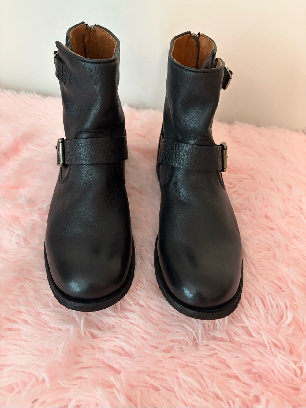 Frye Black Leather Combat Moto Boots